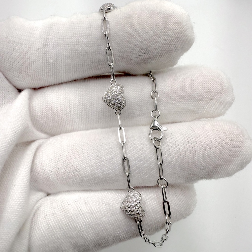 7” .925 Sterling Silver Cz Heart Bracelet - Picture 2 of 13